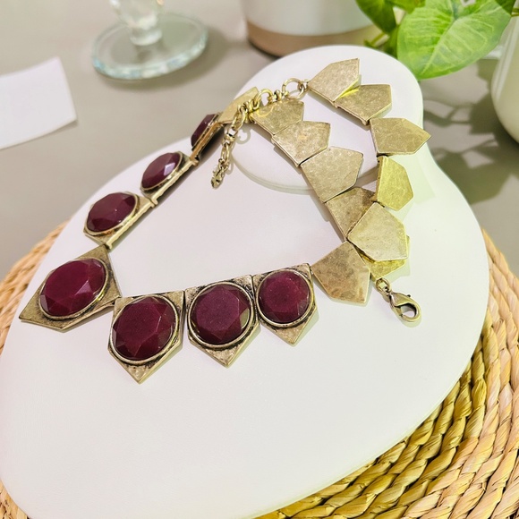 LUCKY BRAND Red Jade Stone Hammered Brass Pennant Collar Bib Necklace - Picture 9 of 12